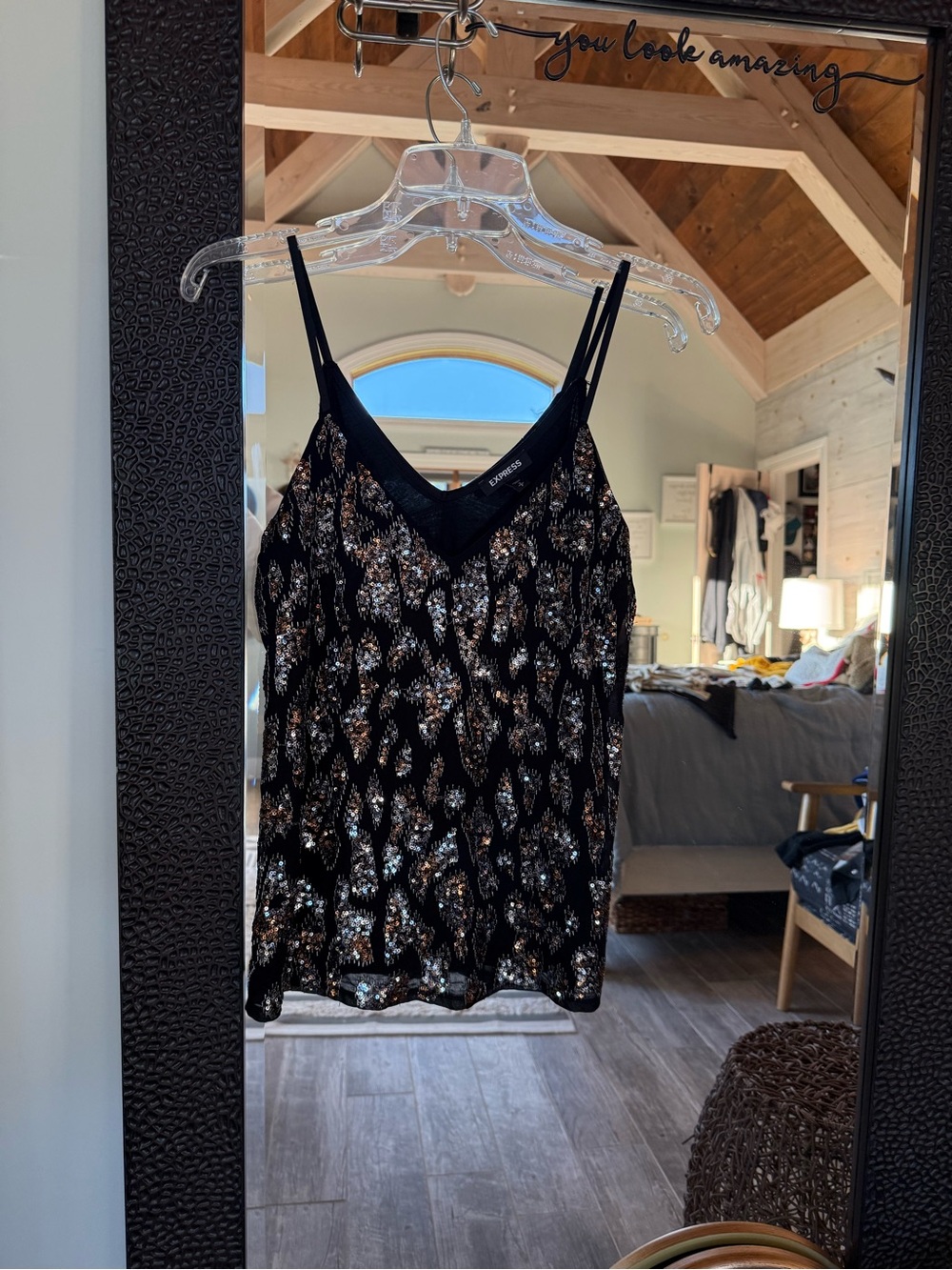 Express Black Sequin V-Neck Cami Top